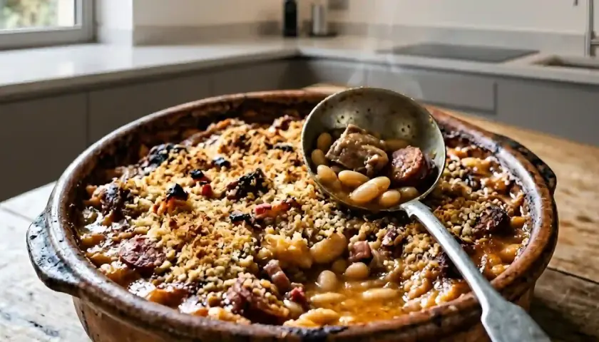 Un plat fumant de cassoulet maison, recette grand-mère, avec une louche remplie de haricots blancs, saucisse et viande.