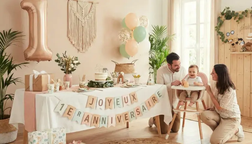 Joyeux 1er anniversaire ! Un buffet décoré avec un ballon chiffre 1, des guirlandes et des cadeaux pour un buffet anniversaire fille 1 an.
