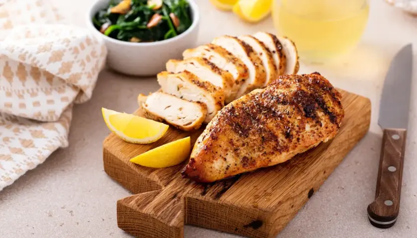 Poulet grillé, tranché, avec quartiers de citron, épinards et un verre de jus. Un plat savoureux, même s'il est resté hors du frigo 24h.