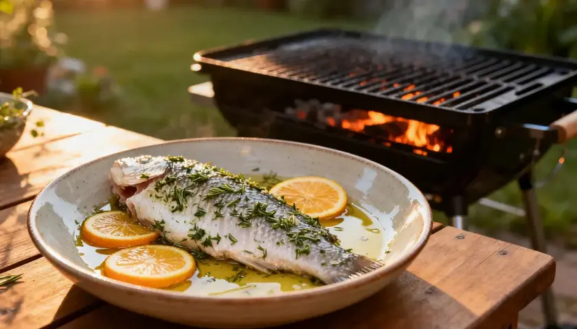 Poisson entier préparé pour un barbecue, servi avec des rondelles d'orange et des herbes. Le barbecue est allumé en arrière-plan.