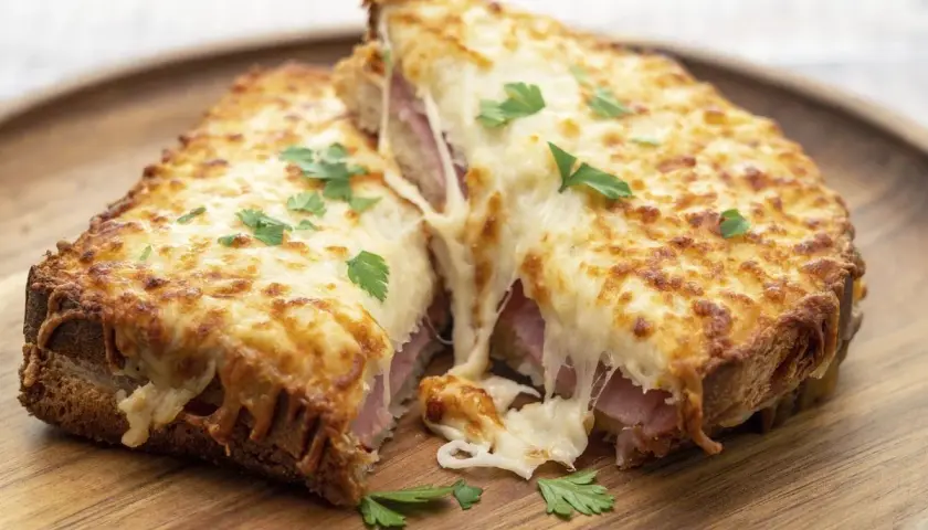 Un délicieux croque monsieur à la poêle, avec son fromage fondant et sa garniture de jambon, parsemé de persil frais.