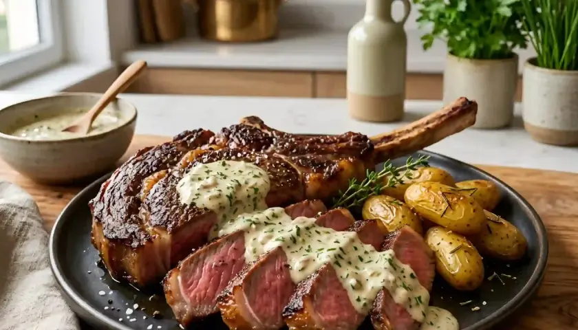 Un généreux côte de boeuf pour 6, tranché et nappé de sauce crémeuse, accompagné de pommes de terre rôties et d'herbes fraîches.