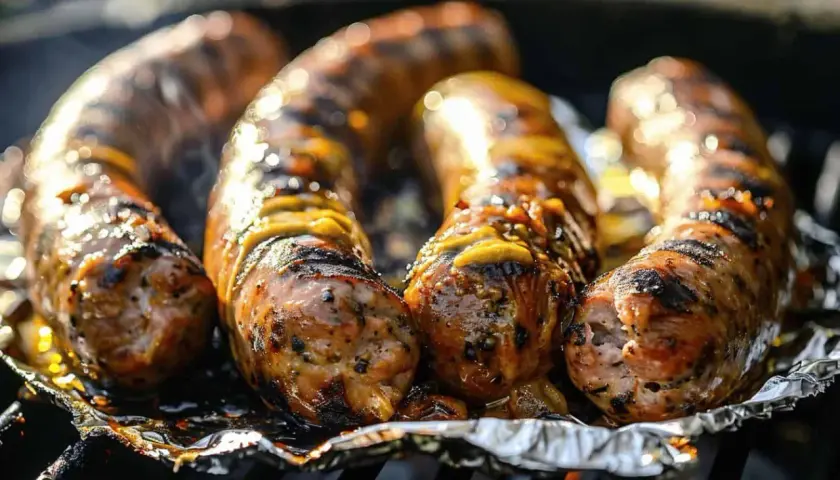 Quatre andouillettes grillées sur un barbecue, posées sur du papier aluminium. La sauce dégouline, promettant un délice.