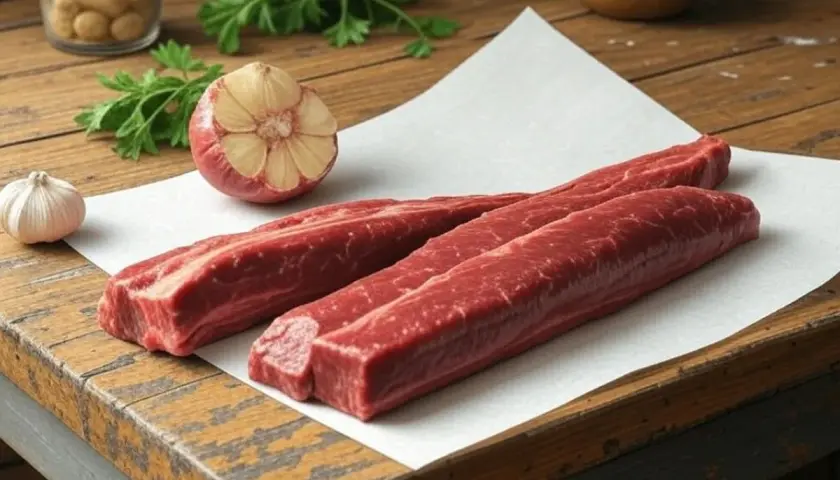 Trois morceaux de viande rouge crue, prêts pour un merlan au barbecue, avec de l'ail et du persil sur une planche en bois.