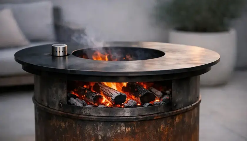 Brasero bidon rustique avec des bûches incandescentes et de la fumée s'élevant. Parfait pour une soirée conviviale en extérieur.