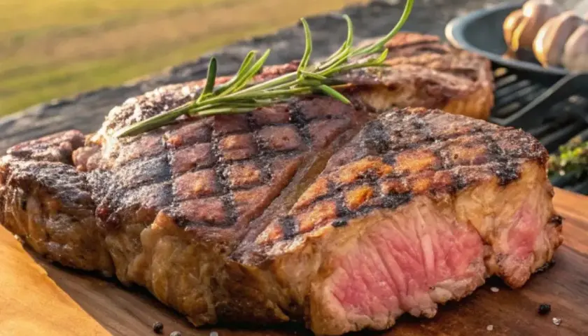 Un succulent côte à l'os barbecue, parfaitement grillé, avec une touche de romarin. La cuisson est idéale, révélant une viande rosée et tendre.