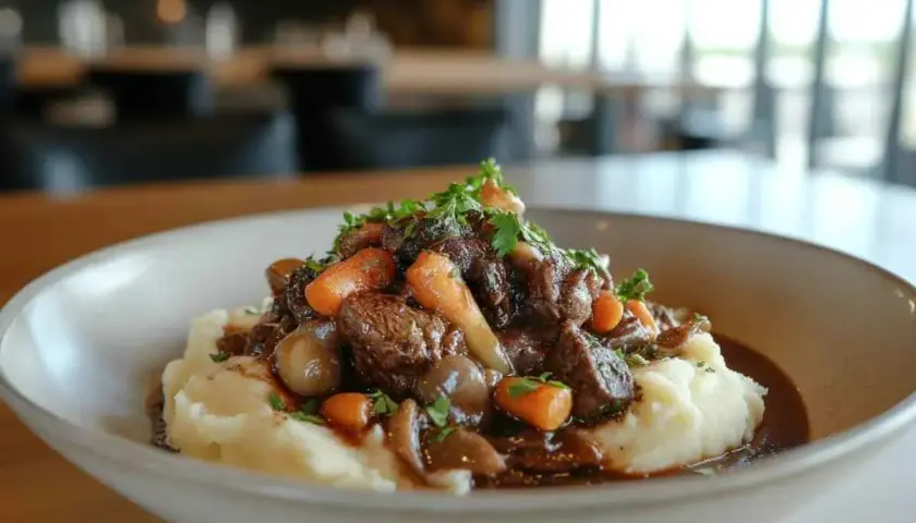 Un plat réconfortant de bœuf braisé, carottes et petits oignons, servi sur une purée de pommes de terre. La sauce riche suggère un bon deglacer oignons.