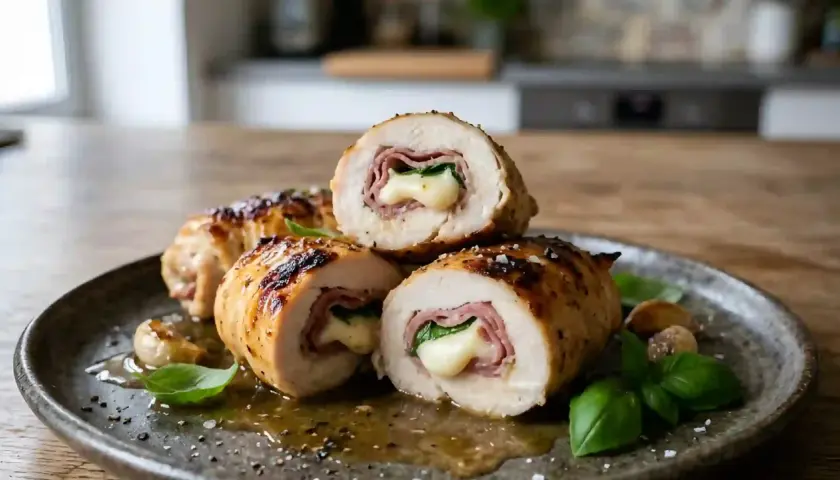 Délicieux involtini de poulet grillés, farcis de jambon et de fromage fondant, servis avec des herbes fraîches et de l'ail rôti.