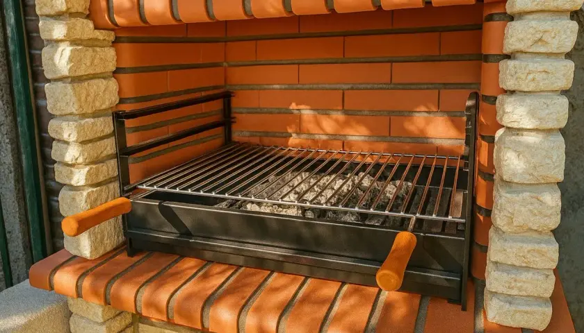 Barbecue en briques avec grille prête pour le temps de cuisson barbecue charbon. Les braises attendent d'être allumées pour un festin en plein air.