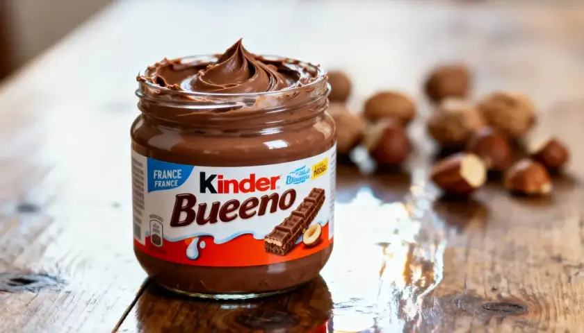 Un pot de pâte à tartiner Kinder Bueno, crémeuse et onctueuse, sur une table en bois. Des noisettes sont disposées en arrière-plan.