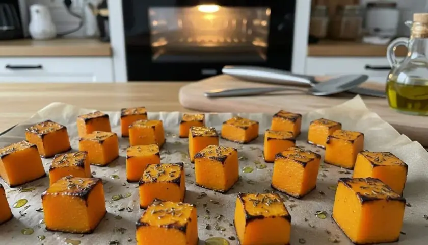 Dés de butternut braisé, dorés et parsemés d'herbes, prêts à être dégustés. Un délice simple et savoureux.