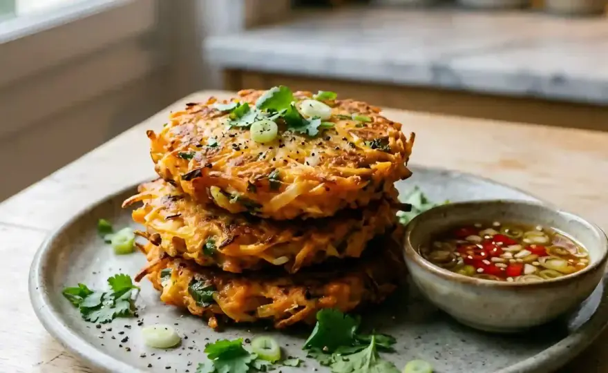 Galettes de patate douce dorées à la poêle et sauces fraîches