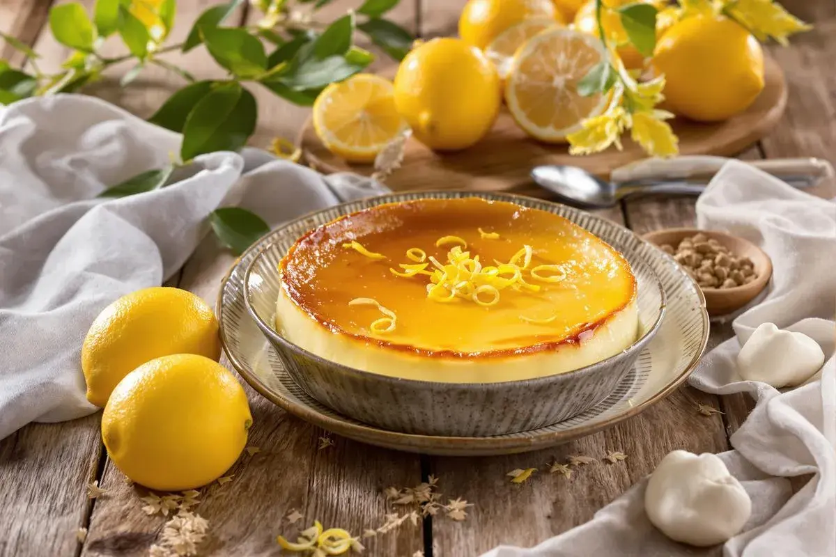 Délicieux pastizzu recette corse, un flan crémeux au citron, garni de zestes frais. Parfait pour un dessert ensoleillé.
