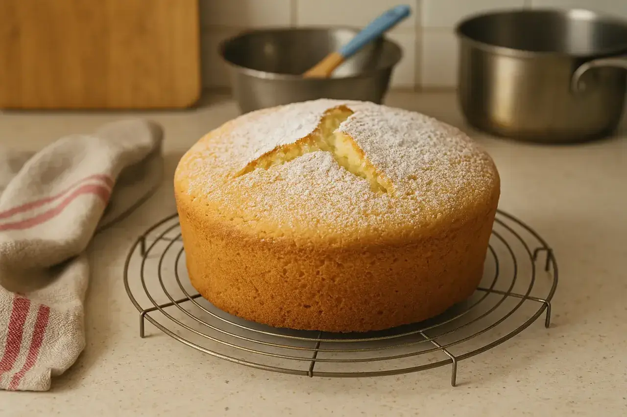 Un gâteau de Savoie bien gonflé, saupoudré de sucre glace, repose sur une grille. Une serviette à rayures rouges est à gauche.