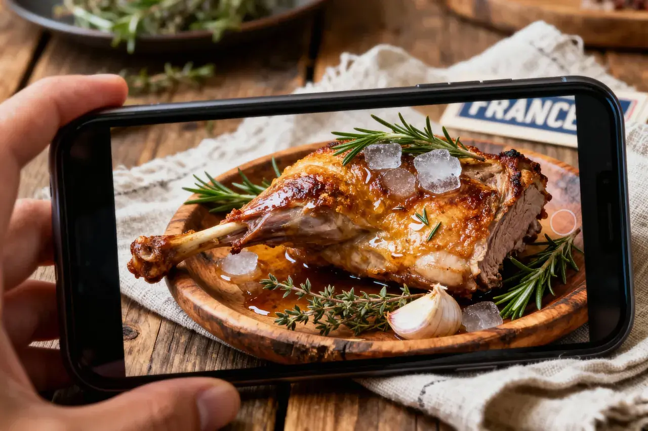 Selle d'agneau 800g rôtie, servie avec des herbes, de l'ail et des glaçons. Le temps de cuisson parfait pour ce plat savoureux.