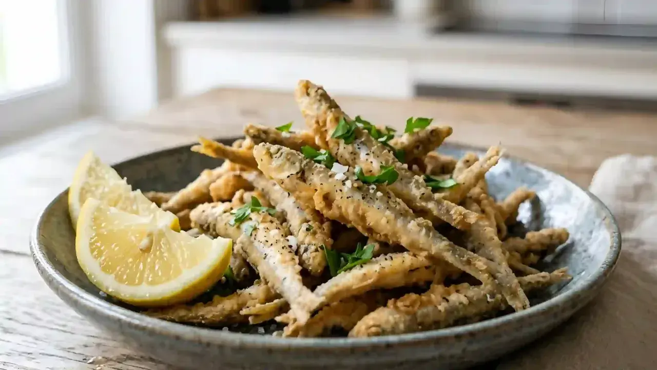 Un plat de petit poisson frit, croustillant et doré, garni de persil frais et de quartiers de citron.