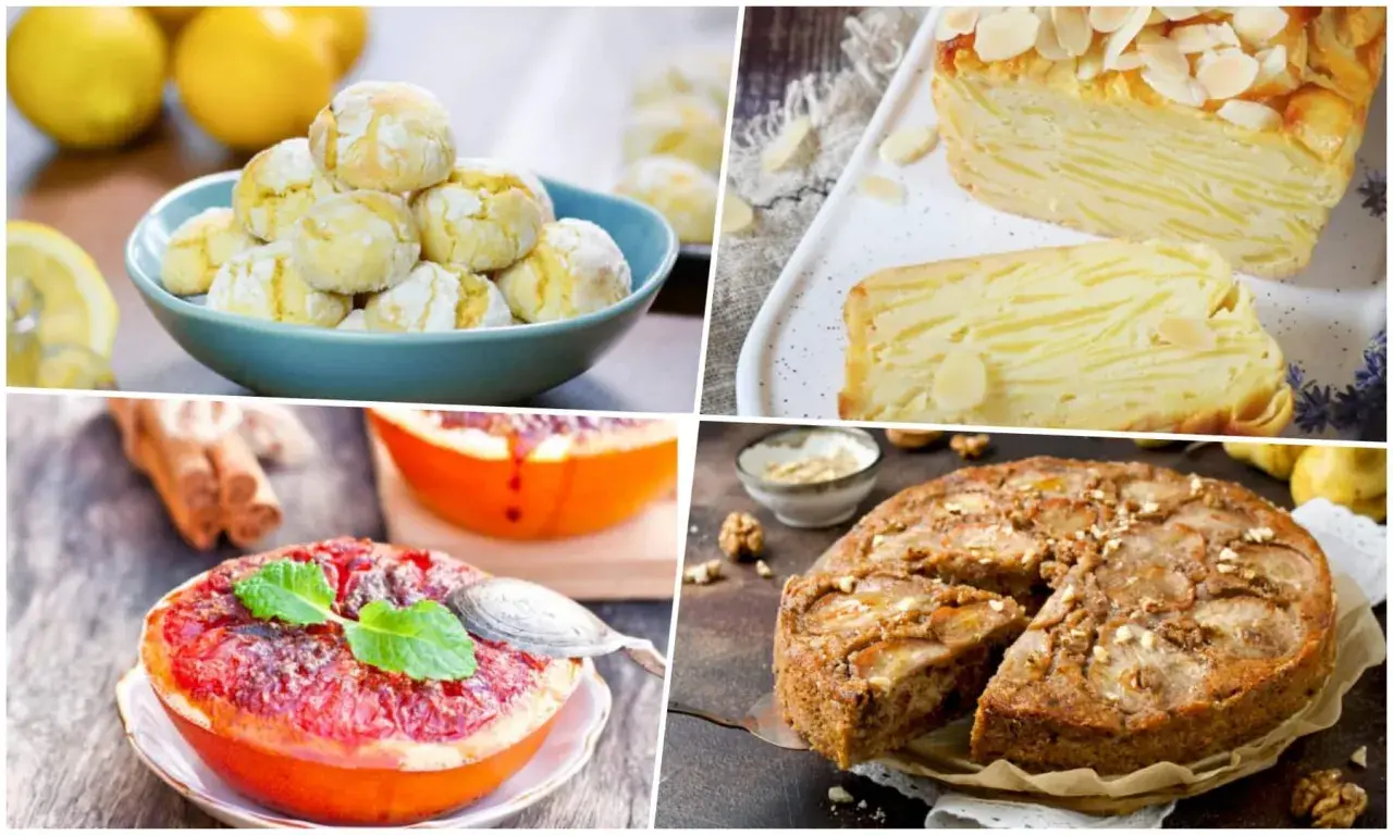 Délicieux assortiment de desserts pour un dessert de février : biscuits citronnés, gâteau aux pommes et aux amandes, pamplemousse rôti et tarte aux noix.