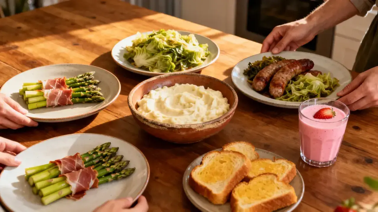 Une table dressée avec une recette gourmande salée : asperges enroulées de jambon, purée, saucisses, chou et toasts beurrés.