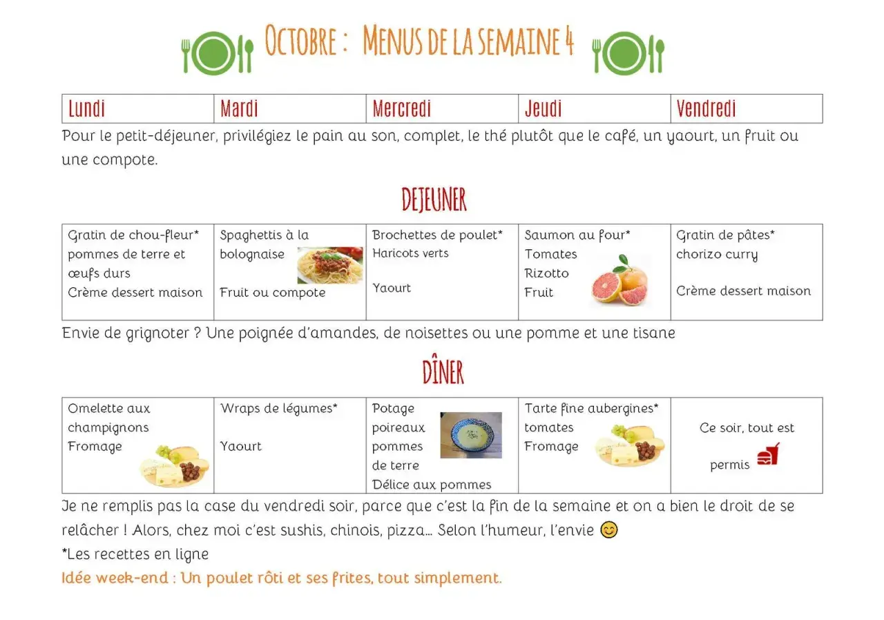 Menu de la semaine d'octobre. Idéal pour un repas pour 15 personnes à préparer la veille, avec des idées pour le déjeuner et le dîner.