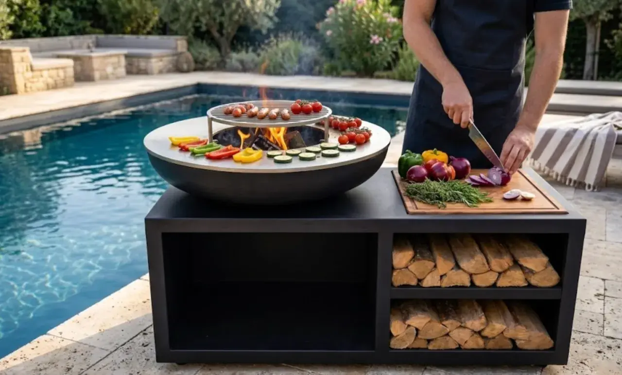 Un brasero plancha DIY prêt pour un festin au bord de la piscine. Saucisses grillées, légumes colorés et feu de bois crépitant.