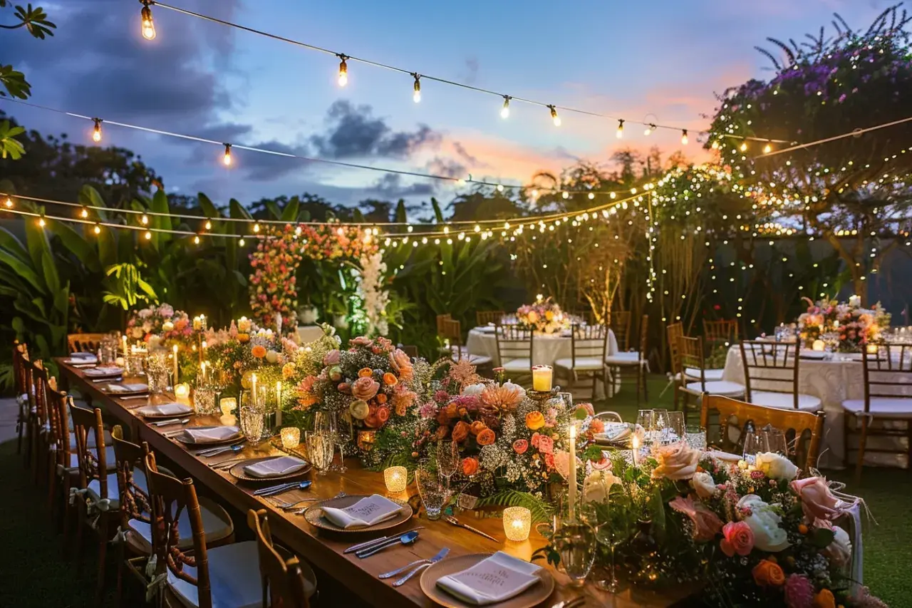 Magnifique table dressée pour un cocktail de mariage en extérieur, illuminée par des guirlandes lumineuses et des bougies.