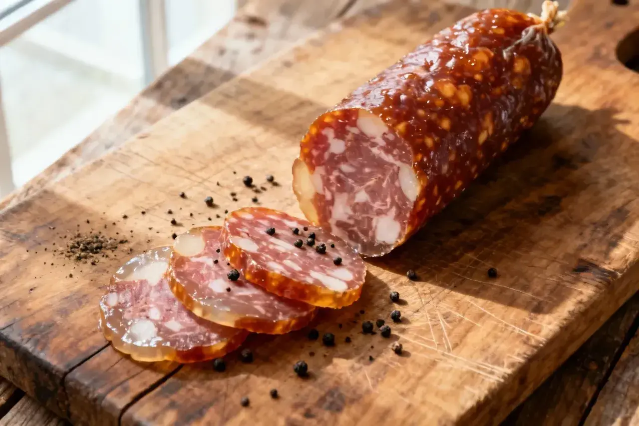 Saucisson artisanal tranché sur planche en bois, parsemé de grains de poivre. Une invitation à découvrir comment faire des saucisses maison.
