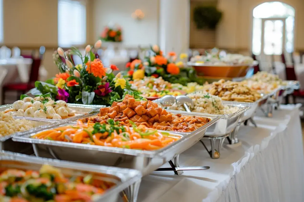 Un buffet, c'est une table garnie de plats variés, comme ici avec ces mets colorés et appétissants, prêts à être dégustés.