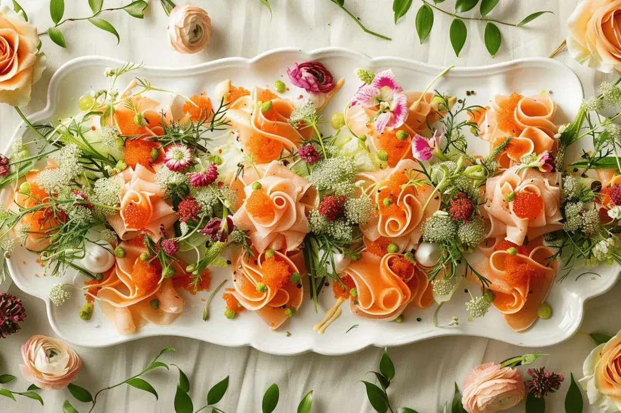 Plateau d'entrées élégantes pour une recette entrée mariage : fines tranches de poisson roulées, perles d'orange, fleurs et herbes fraîches.