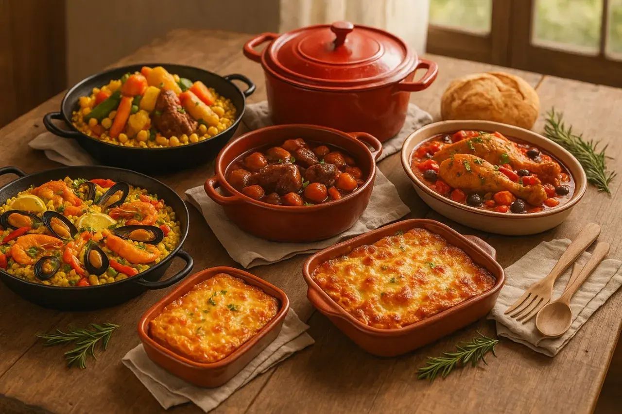 Un festin de mariage : paella, couscous, poulet chasseur, gratins et ragoût de bœuf.