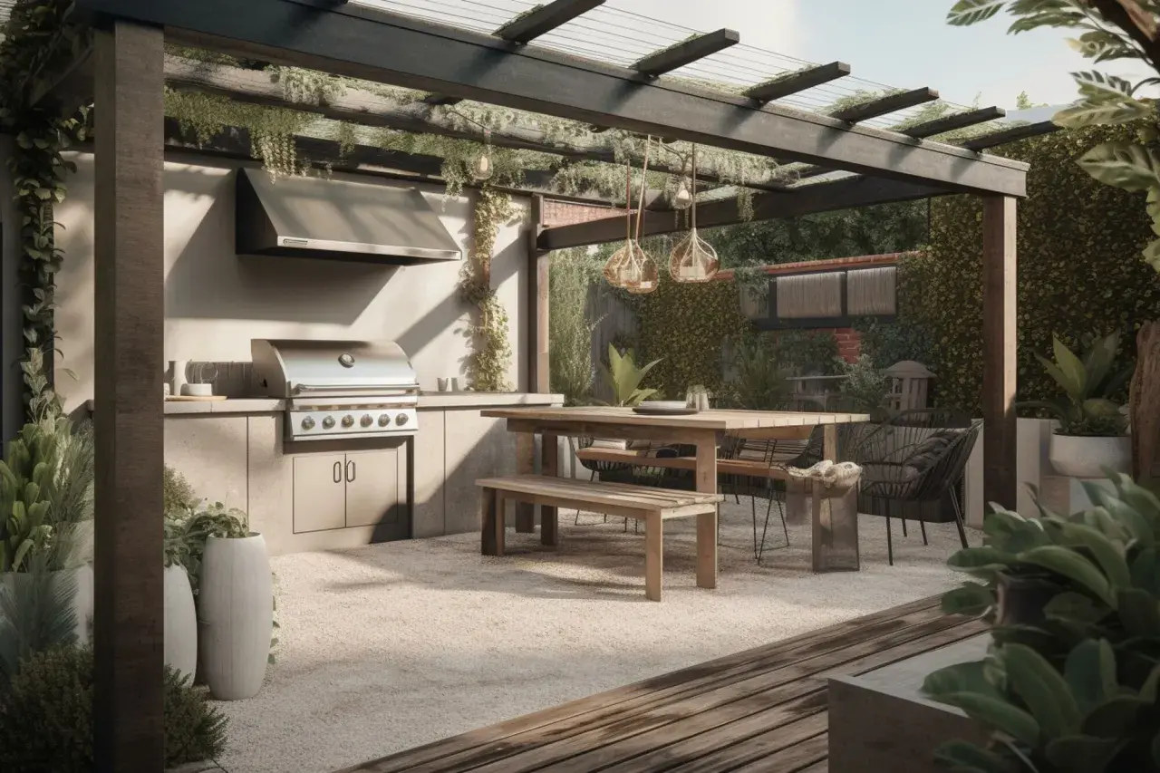 Un coin barbecue couvert, idéal pour fabriquer un espace convivial. Grill, table en bois, et végétation luxuriante créent une ambiance chaleureuse.