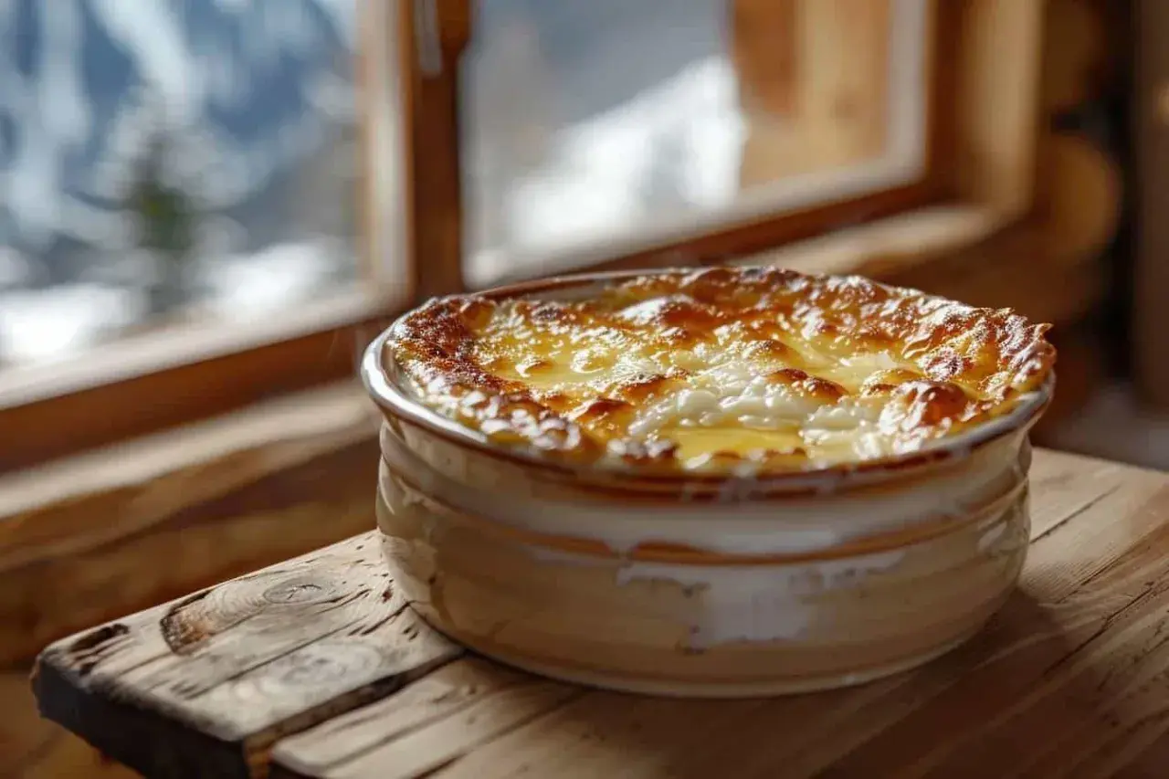 Un délicieux ramequin du Bugey, gratiné à souhait, prêt à être dégusté près d'une fenêtre avec vue sur les montagnes enneigées.