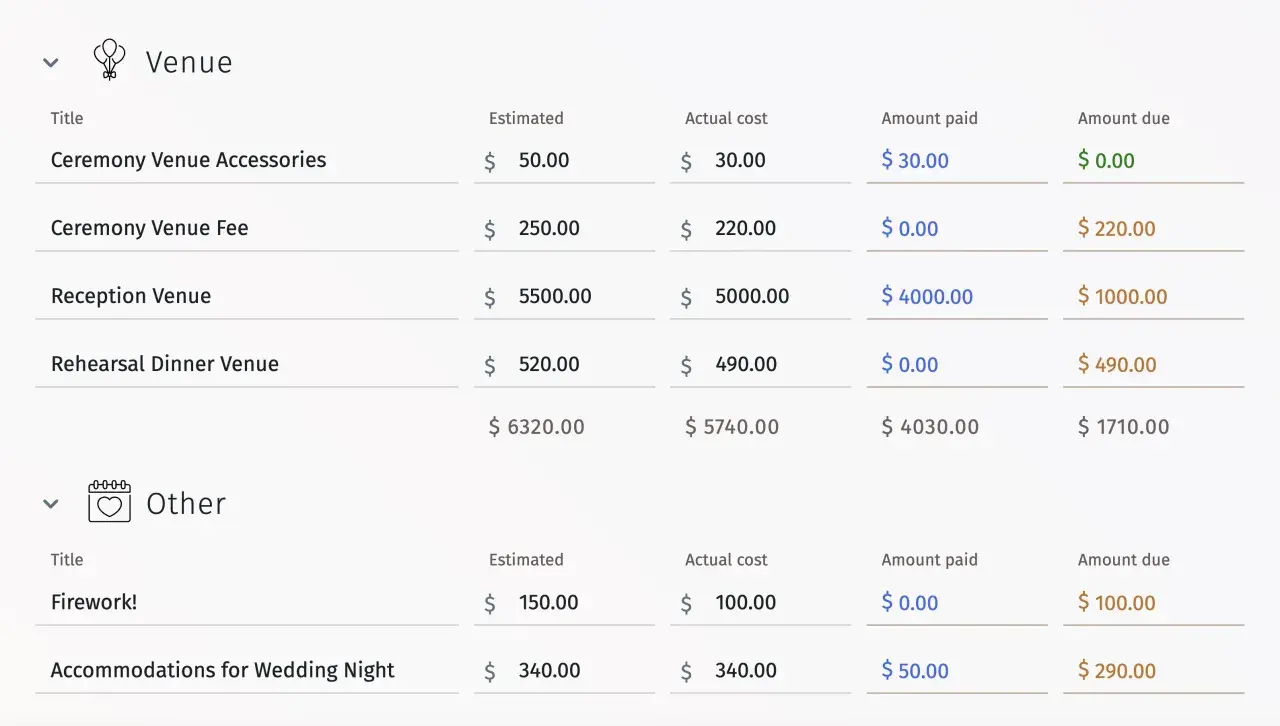 Tableau des coûts pour un excel mariage : lieux, accessoires, réception, dîner de répétition, feux d'artifice et hébergement.