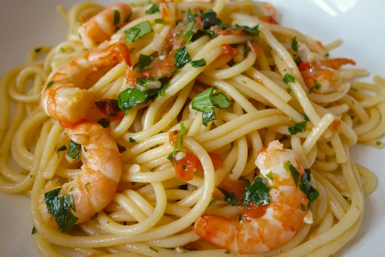 Spaghettis aux crevettes à l'ail et au persil, un plat savoureux et coloré, prêt à être dégusté.