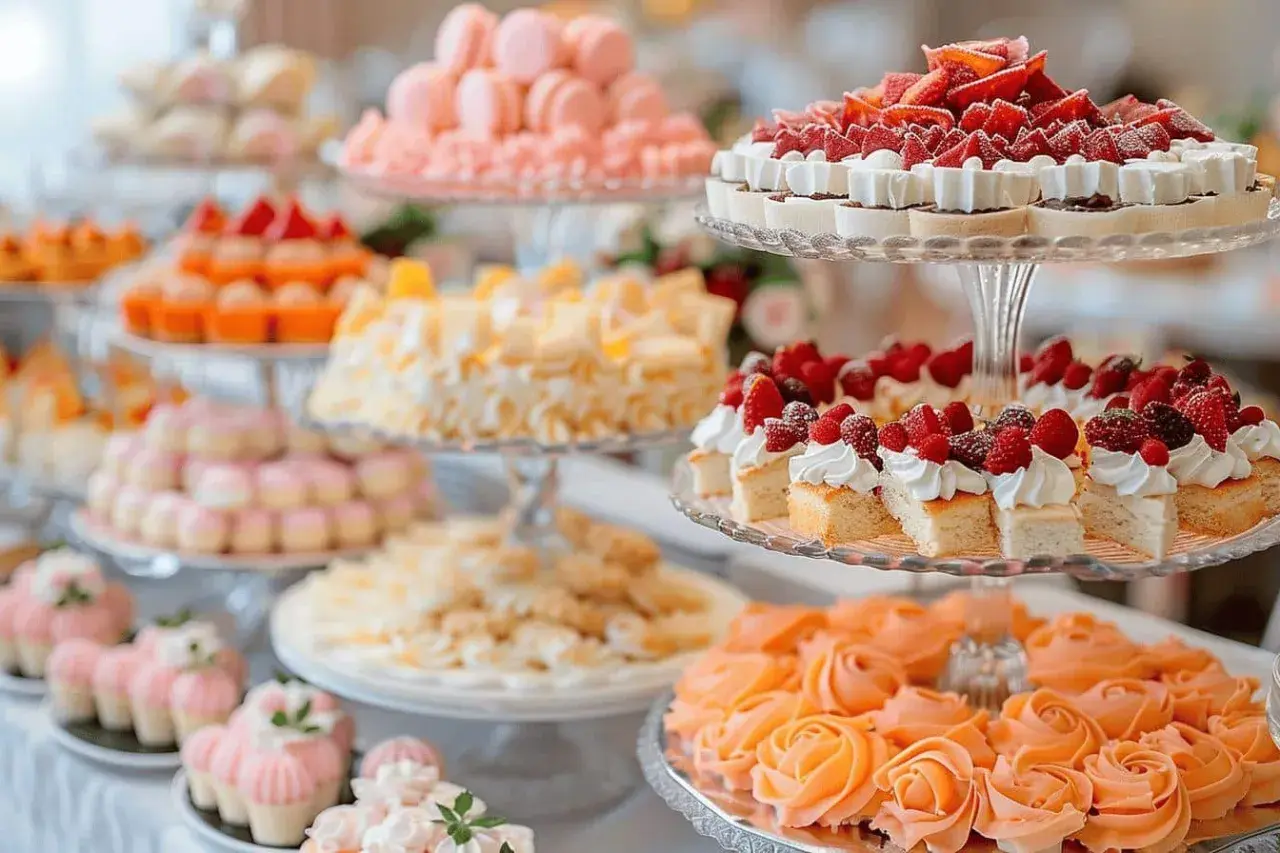 Un buffet de desserts colorés, une parfaite idée dessert mariage : macarons roses, gâteaux aux fruits rouges, et roses en crème d'orange.