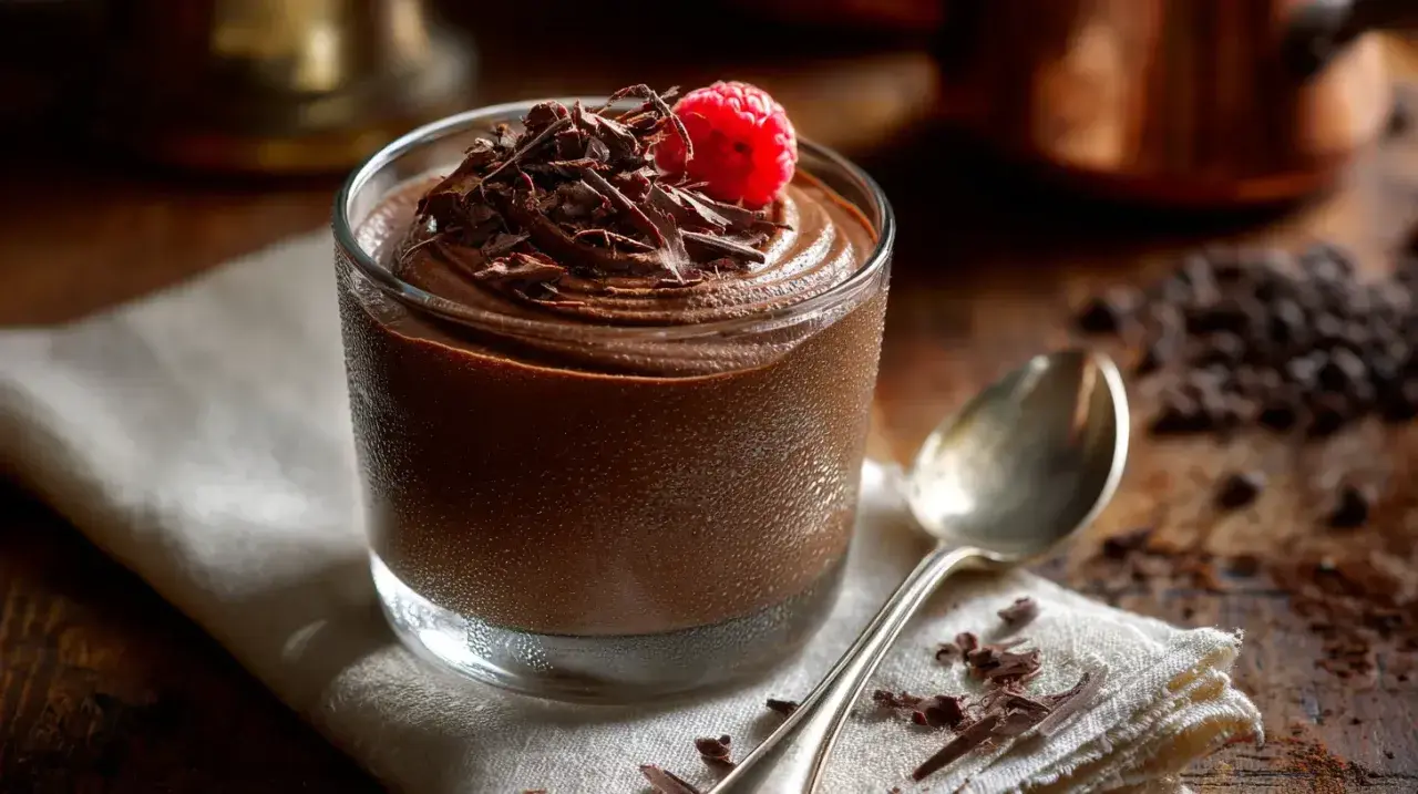 Délicieuse mousse au chocolat skyr, garnie de copeaux de chocolat et d'une framboise fraîche. Une cuillère argentée repose à côté.