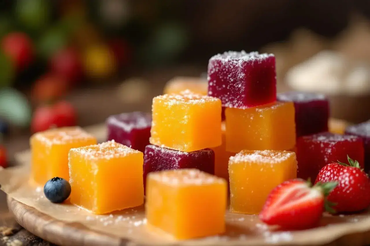 Délicieuses pâtes de fruits maison, orange et violettes, saupoudrées de sucre. Une recette pâte de fruits facile pour un plaisir fruité.