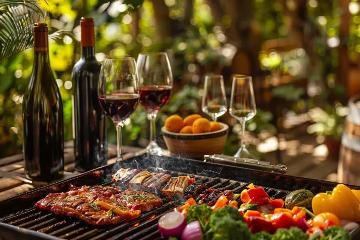 Un barbecue en plein air avec des viandes grillées, des légumes colorés et une sauce pour viande grillée barbecue. Deux bouteilles de vin rouge et des verres remplis de vin rouge complètent la scène.