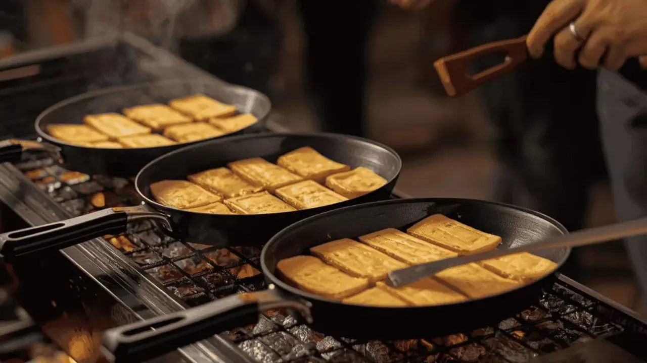 Poêles remplies de tofu doré sur un gril, prêtes pour une délicieuse barbeclette recette.