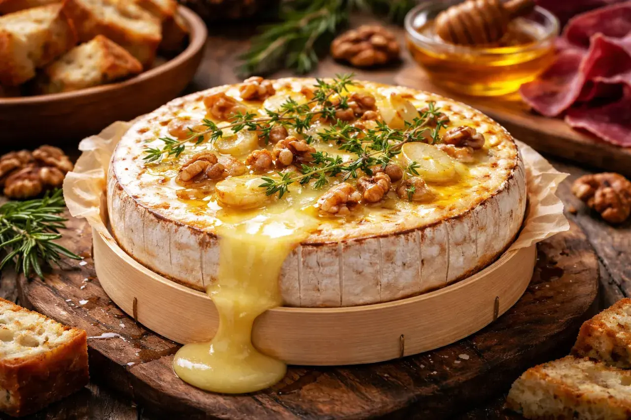 Coulommier au barbecue, fondant et garni de noix et de thym, prêt à être dégusté avec du pain grillé.