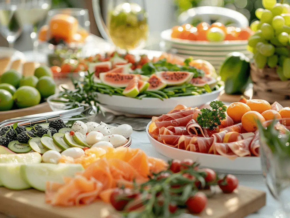 Un délicieux buffet repas en plein air avec fruits frais, charcuterie, fromages et légumes.