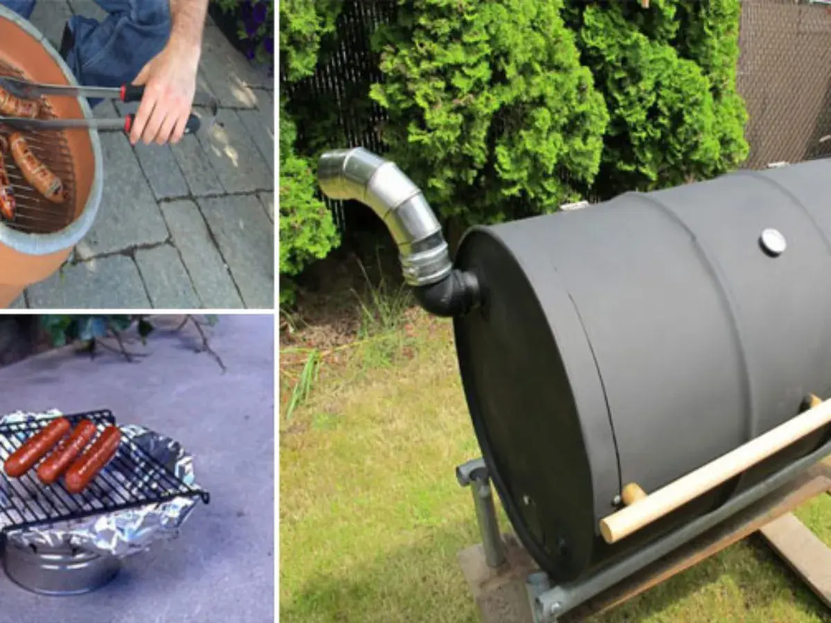 Collage de trois images : un barbecue improvisé avec des saucisses, un autre barbecue fait maison avec des saucisses sur une grille, et un grand barbecue cylindrique en métal, rappelant une jante de voiture.