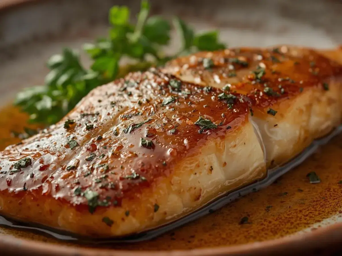 Filet de black bass poêlé, nappé d'une sauce dorée et parsemé d'herbes. Une recette simple et savoureuse.
