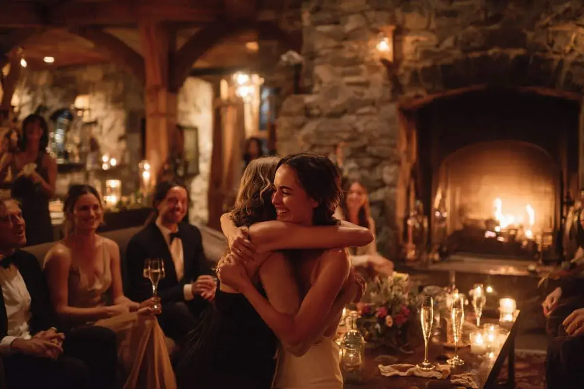 Deux femmes s'enlacent joyeusement, entourées d'invités lors d'une réception chaleureuse. L'ambiance intime et les bougies suggèrent qu'elles sont en train d'organiser un petit mariage.