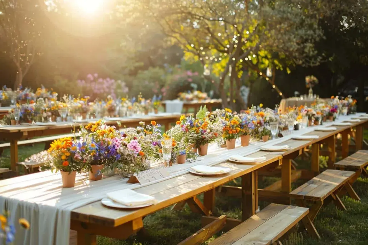 Long tables dressées en extérieur, ornées de bouquets de fleurs sauvages colorées, prêtes pour un repas mariage bonne franquette sous le soleil.