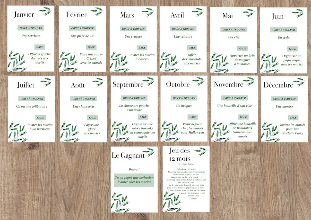 Cartes du jeu des 12 mois avec des gages et objets à trouver pour chaque mois, plus une carte gagnante.