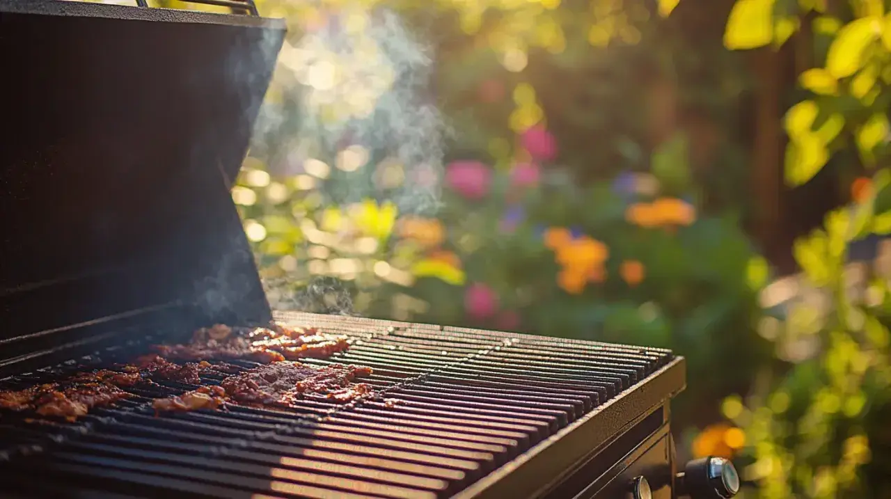 Viande fumante sur un barbecue, transformé en fumoir pour un repas en plein air.