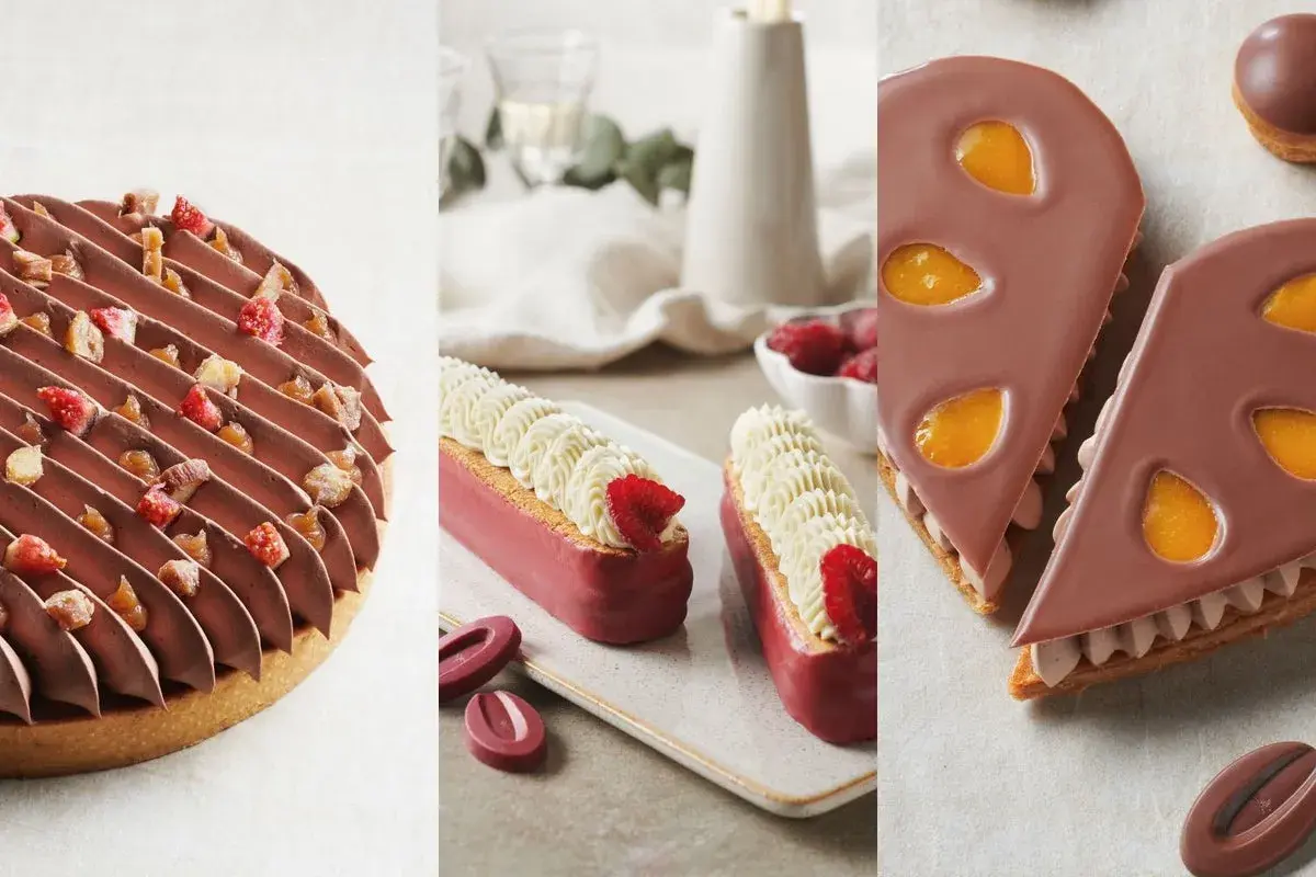 Un délicieux dessert d'août : tarte au chocolat et fruits secs, éclairs à la framboise et crème, et part de gâteau au chocolat et mangue.