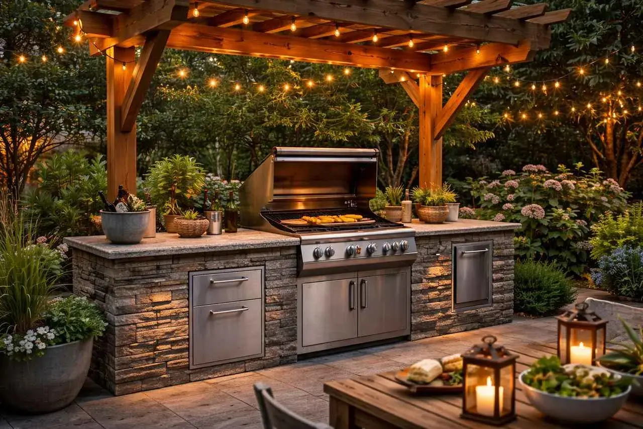 Un coin barbecue palette sous une pergola illuminée, avec un grill en inox, des rangements en pierre et une végétation luxuriante.