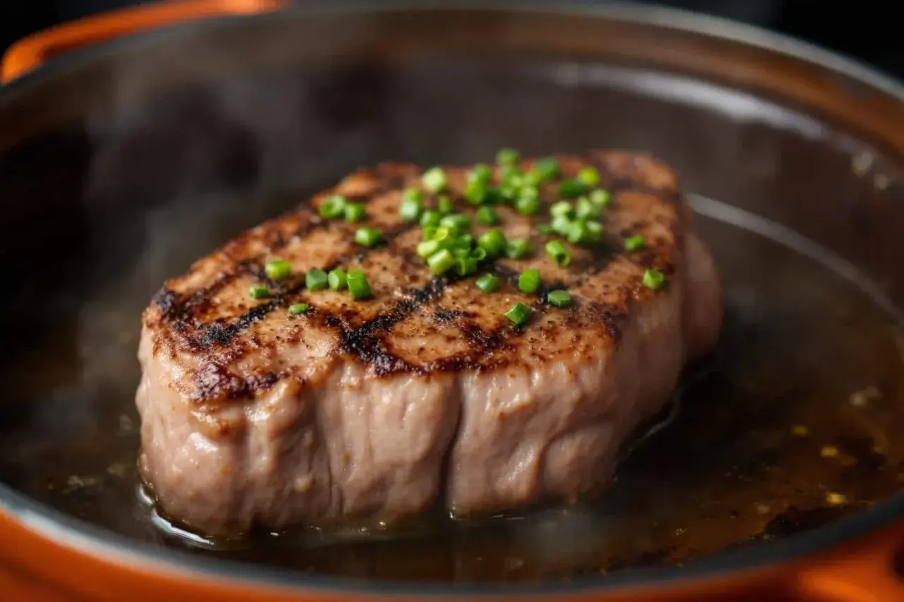 Un steak grillé, garni de ciboule, mijote dans sa sauce. Cette viande cuite hors frigo 12h semble prête à être dégustée.