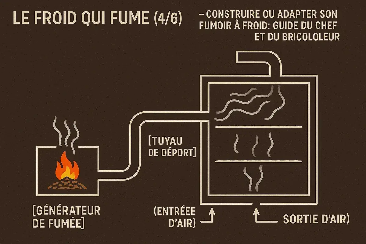 Schéma montrant comment fabriquer un fumoir avec un frigo. Un générateur de fumée alimente un caisson par un tuyau.